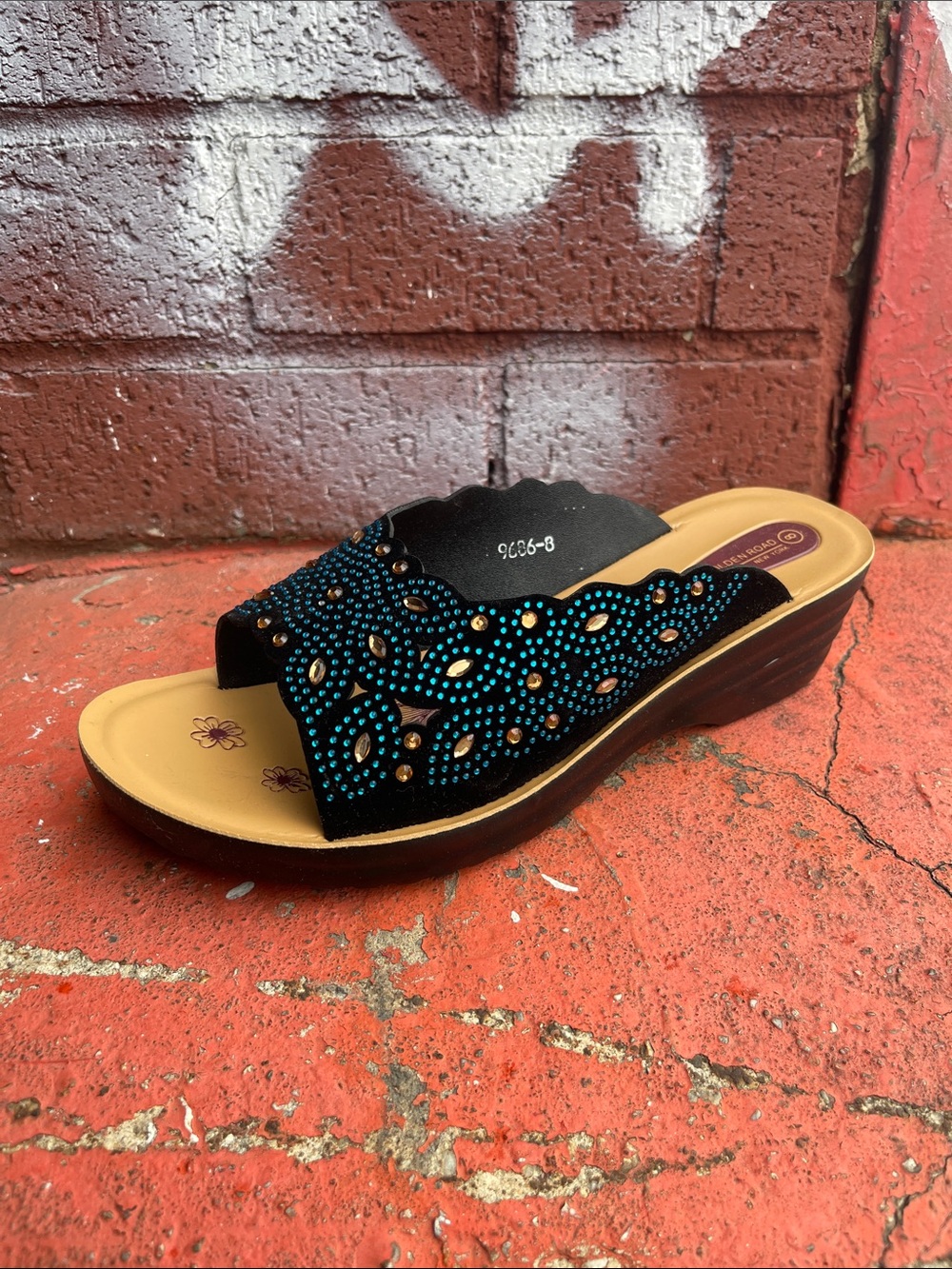 Black Wedge Mules with Teal Stud Detailing